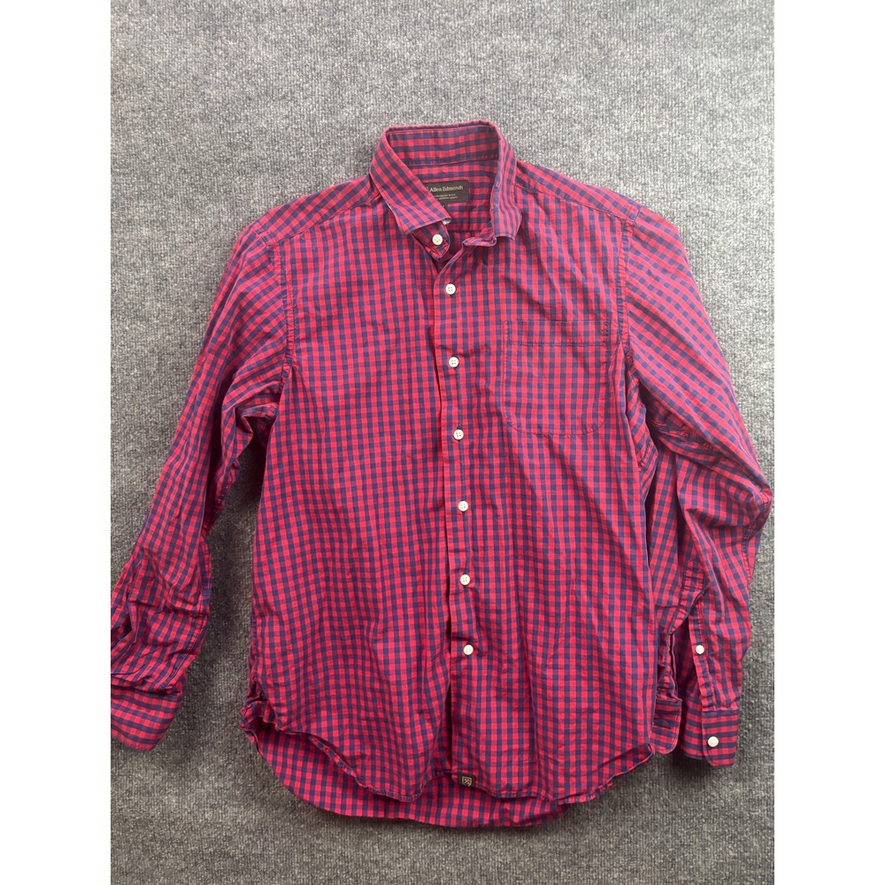 Allen Edmonds Button Down Shirt Mens Size M Red Navy Gingham Plaid Long Sleeve